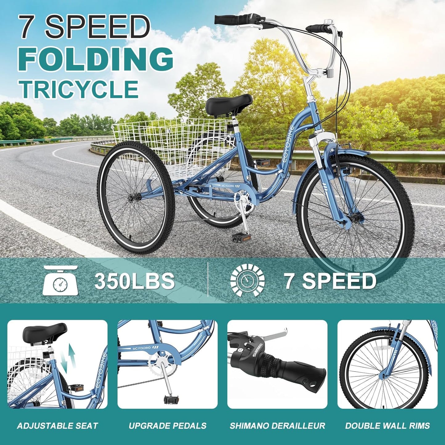 Lilypelle Adult Folding Tricycle with Low Step Through,20/24/26 inch 3 Wheel 7-Speed Foldable Cruiser Bike Trike with Cargo Basket for Women, Men, Seniors