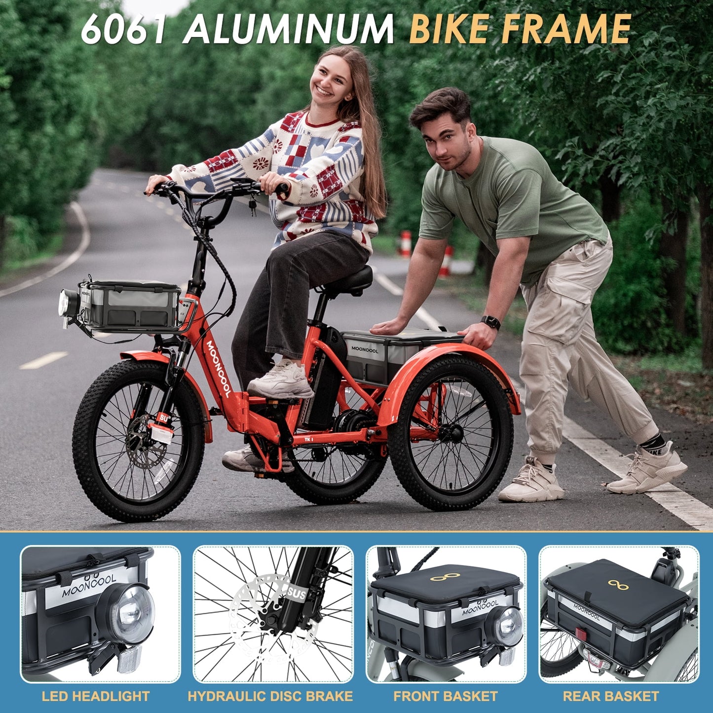 MOONCOOL Electric Tricycle for Adults, 20" Folding 3 Wheels Electric Bicycle, 48V 500W Motorized Three Wheel Ebike w/Aluminum Frame, Removable Battery and Basket