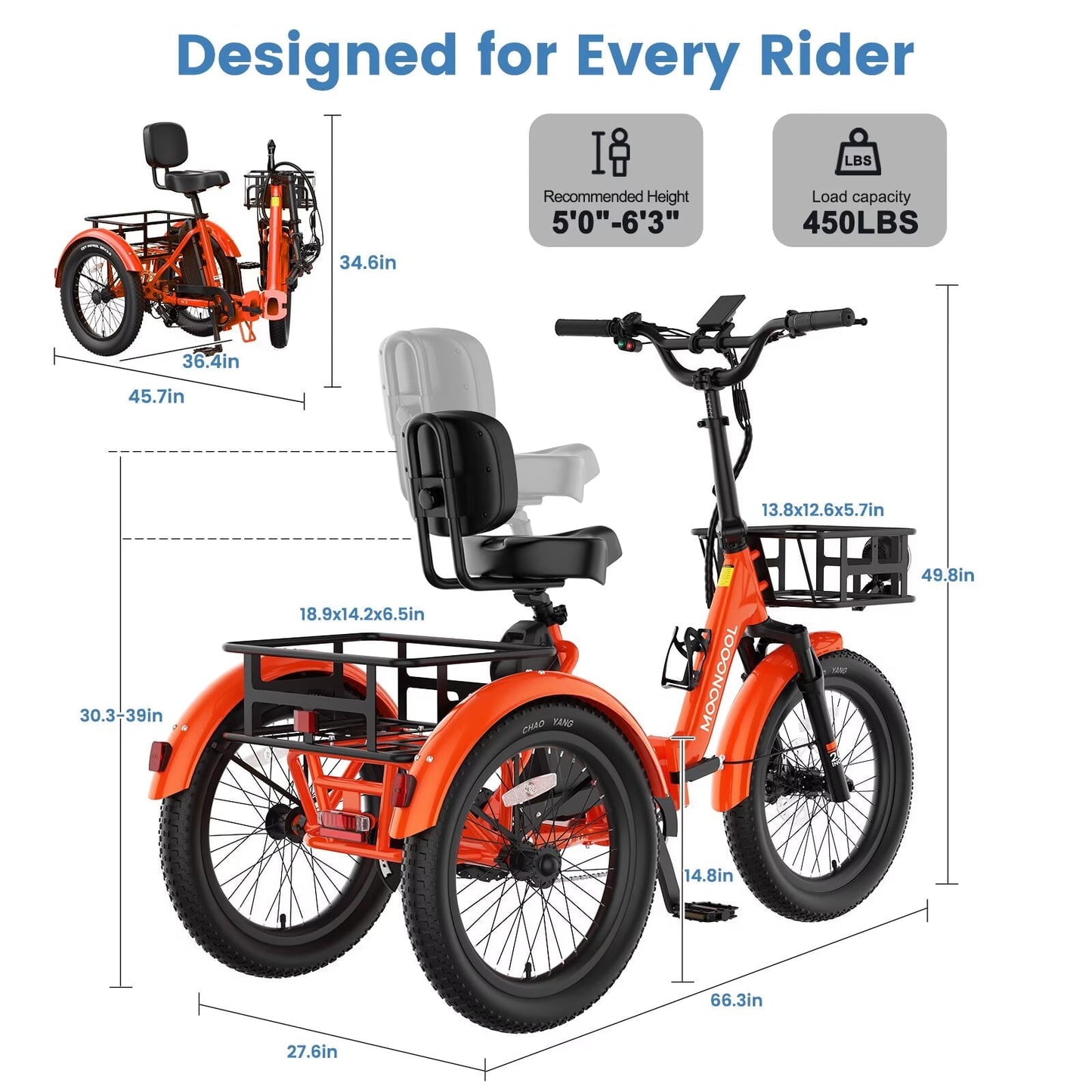 MOONCOOL TK2 Folding Electric Tricycle for Adults , 20x3.0" Fat Tire Etrike w/ Reverse, 48V 15Ah Battery, Peak 1000W Motor, 60-Mile,15.5 MPH