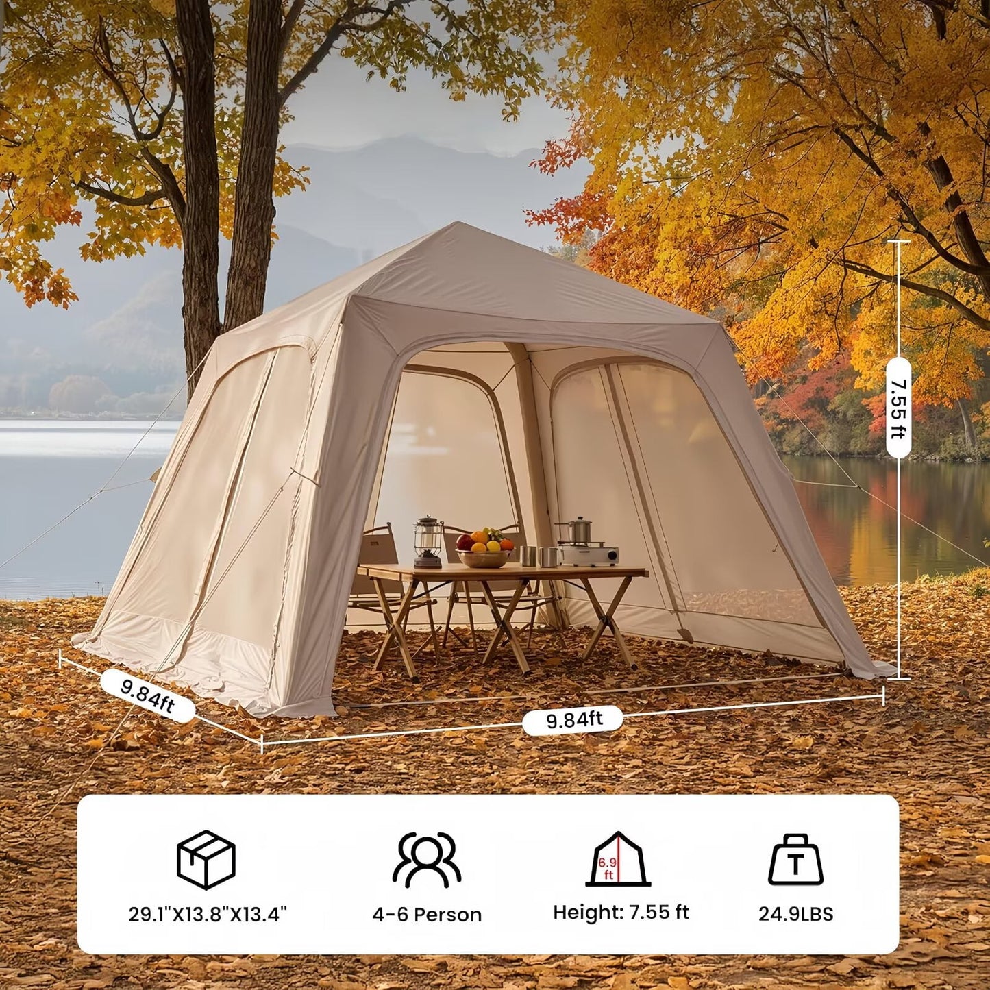 Lilypelle 4-6 Person Inflatable Camping Tent, 9.8ft x 9.8ft x 7.6ft Easy Setup Blow Up Tent with Hand Pump, PU3000mm Waterproof & Breathable 4 Season Glamping Tent for Outdoor Camping