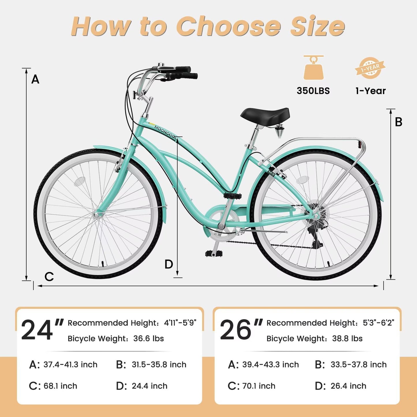 Lilypelle Adults Beach Cruiser Bicycle, 24" 26" Wheel 7 Speed Bike Fits Rider: 4'11"-6'2", Step Through Bikes for Commuting, Unisex