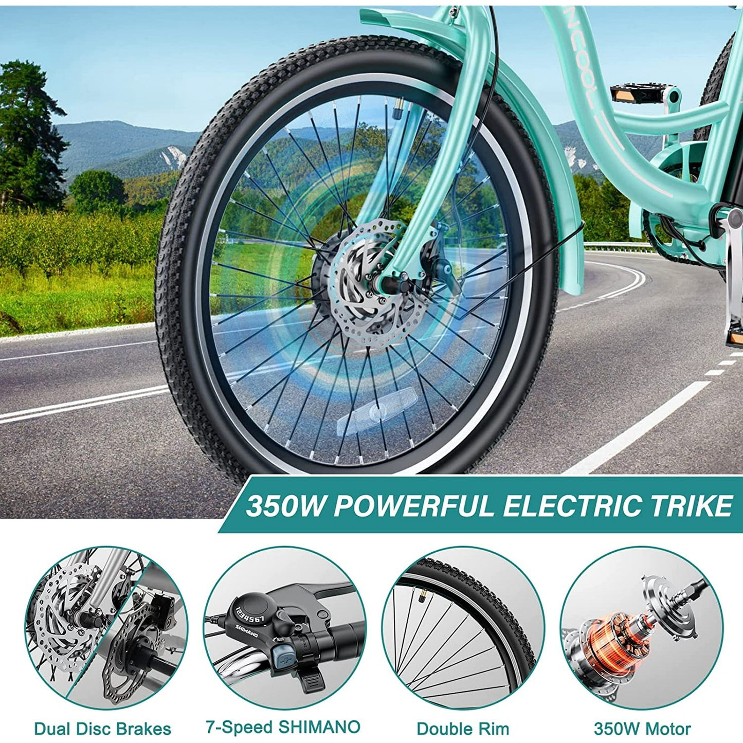 MOONCOOL 24'' Electric Tricycle for Adults, 350W 36V 7 Speeds Electric Trike, 3 Wheels Adult Electric Tricycle Bicycle with Large Basket & Tool Kits,UL2849