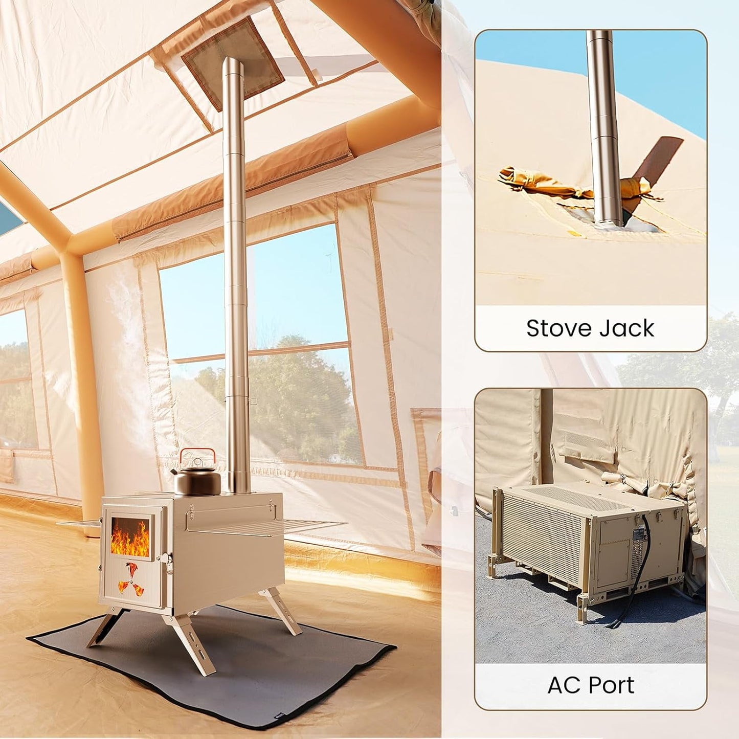 Lilypelle 8-10 Person Blow Up Inflatable Tent, 2 Room Hot Tent with Stove Jack & AC Port, Large Camping Tent with Hand Pump, Waterproof Inflatable House for Family Glamping