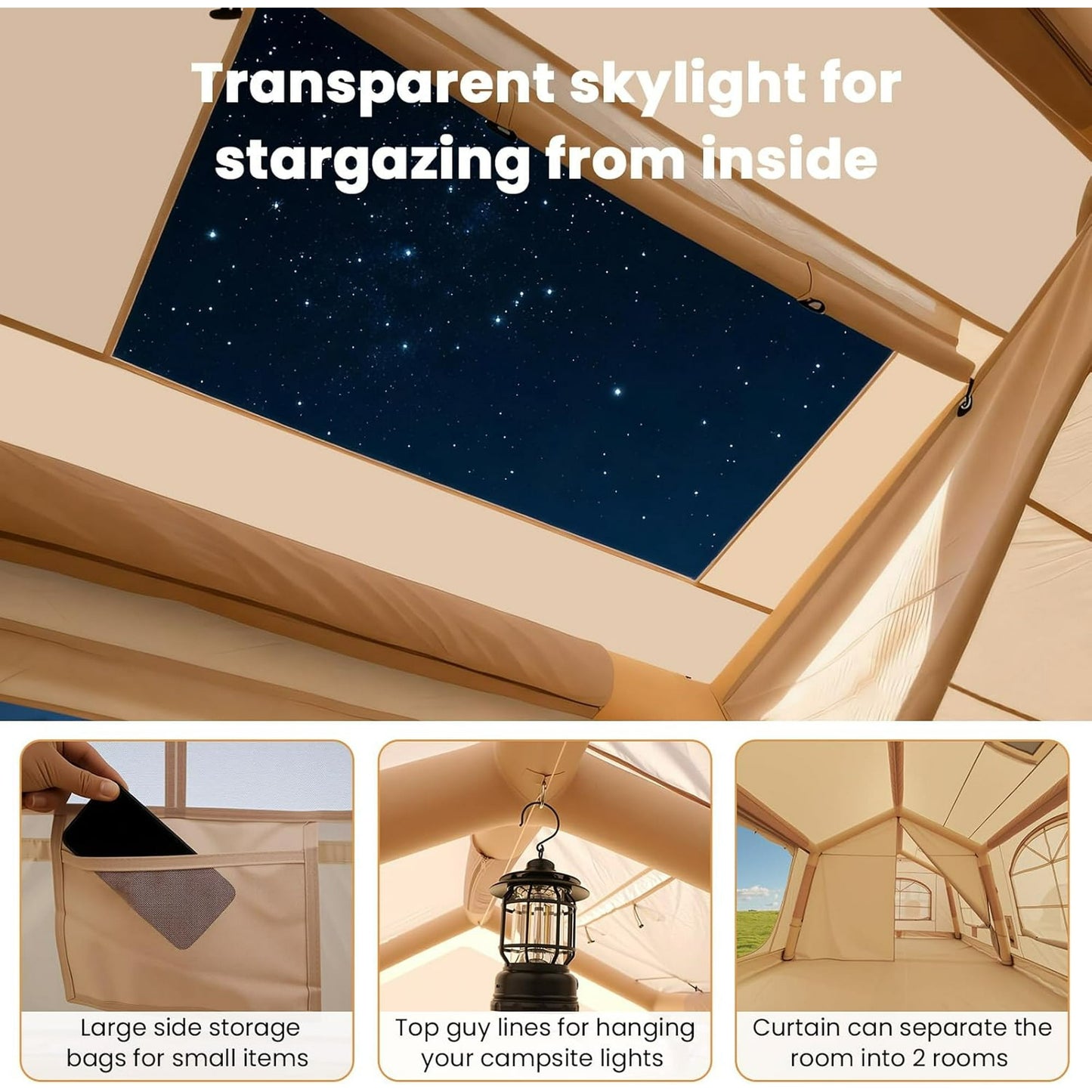 Lilypelle 10 Person Blow Up Camping Inflatable Tent w/ Stove Jack & AC Port,13.8′x 10.5 x 6.9′Waterproof Oxford 2 Room Air Tent,Easy Setup Glamping Inflatable House