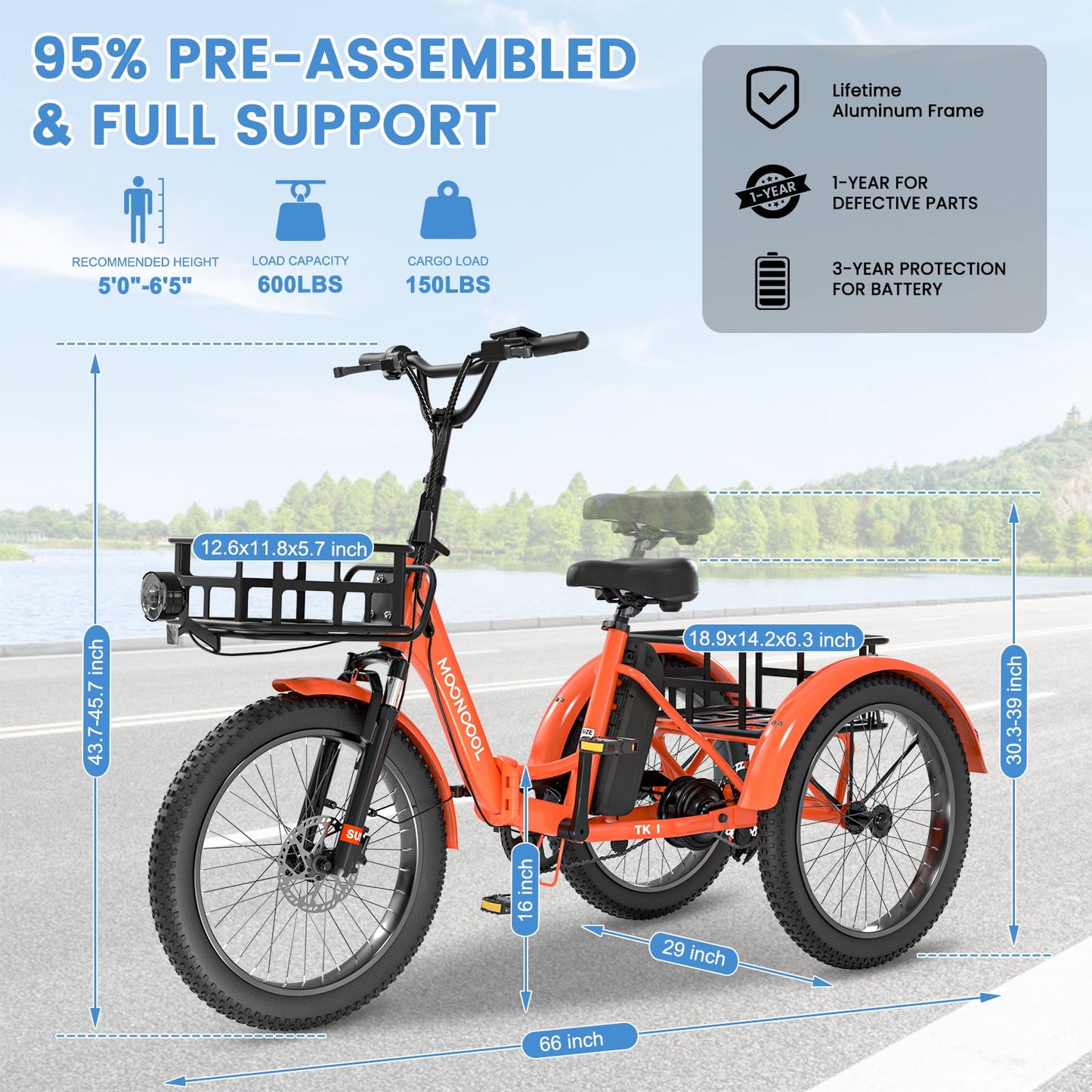MOONCOOL Electric Tricycle for Adults, 20" Folding 3 Wheels Electric Bicycle, 48V 500W Motorized Three Wheel Ebike w/Aluminum Frame, Removable Battery and Basket