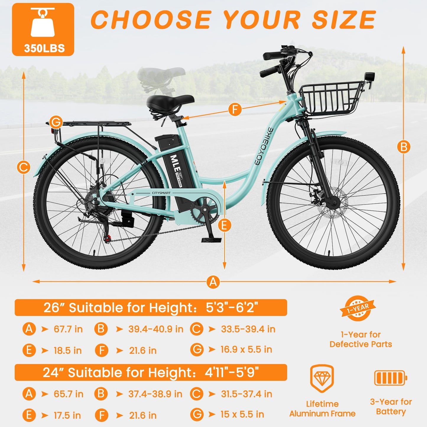 MOONCOOL Electric Bicycle for Adults 350W , 7-Speed Ebike with 36V 10.4Ah Removable Battery， 40 Miles Range , 20 mph Electric Commuter Bike for Women Men