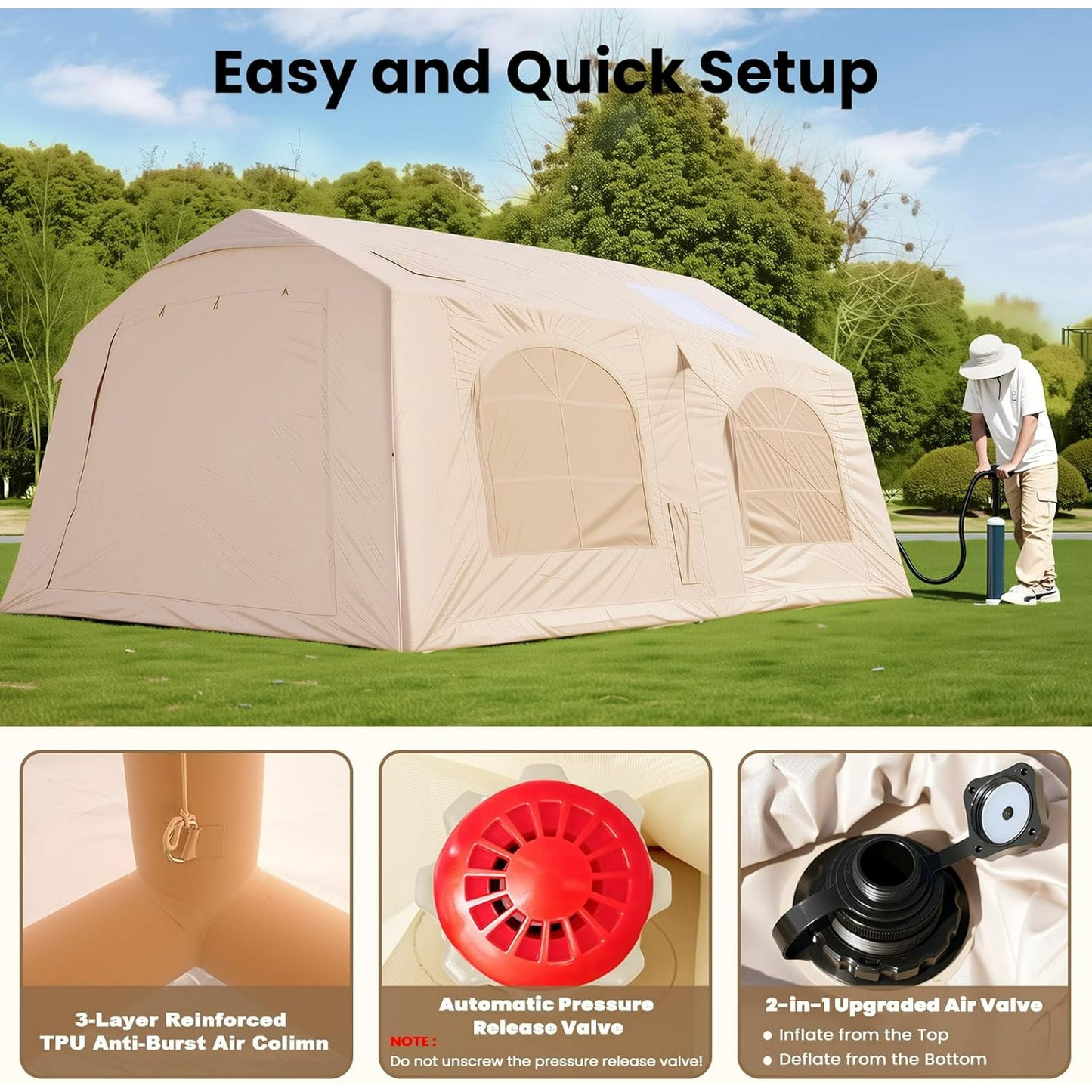 Lilypelle 12 Person Blow Up Camping Inflatable Tent w/ Canopy & Stove Jack & AC Port,18.4′x 9.8′x 6.9′Waterproof Oxford 2 Room Air Tent , Easy Setup Glamping Inflatable House w/ Stove Jack