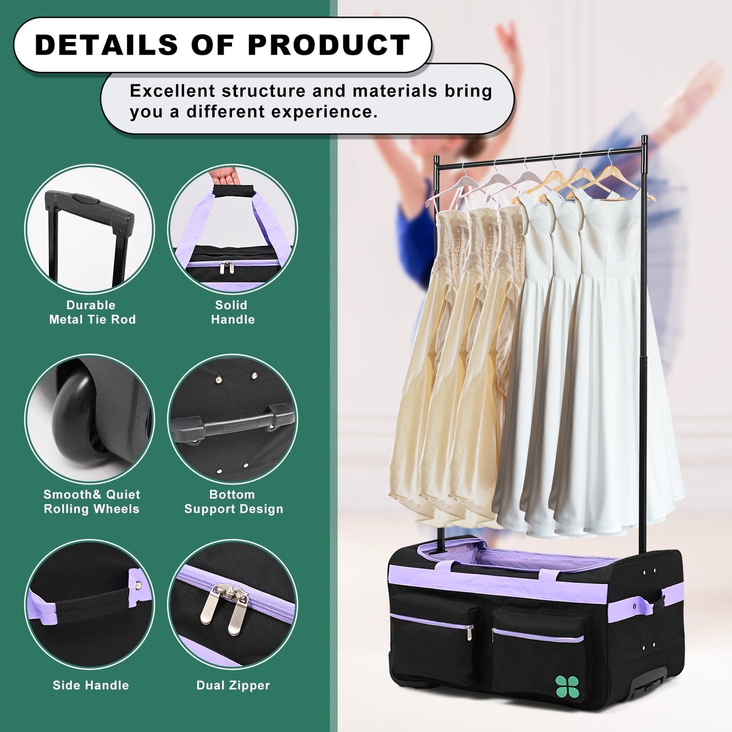Lilypelle Dance Bag With Garment Rack, 27" Dance Garment Bags Collapsible Costume Rolling Duffel Bag with Wheels, Dance Travel Bag for Competition, Shows, Performances