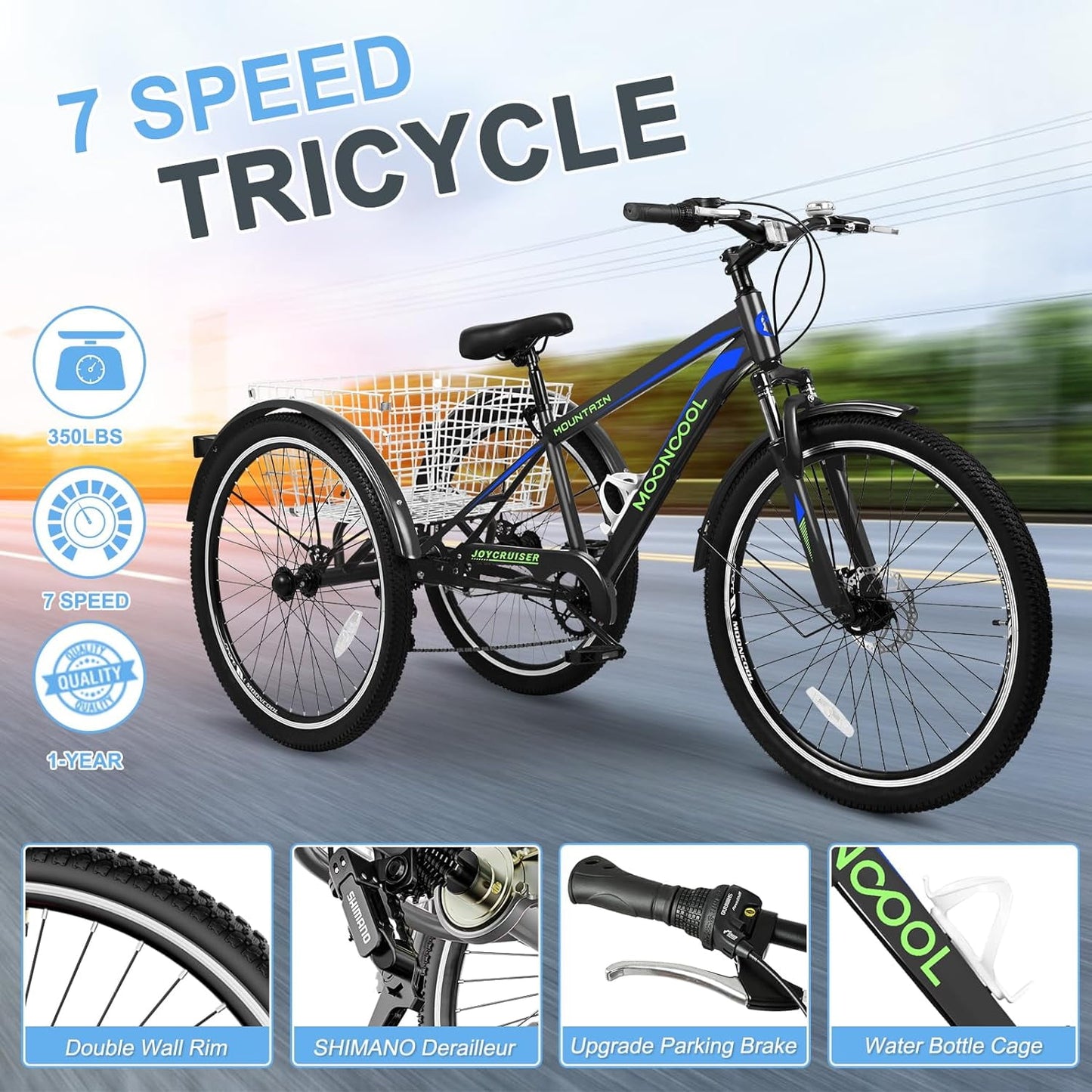 Lilypelle Mountain Tricycle for Adults, MTB 7 Speed Three Wheel Bike, Trike with Cargo Basket & Disc Brake for Women, Men, Seniors