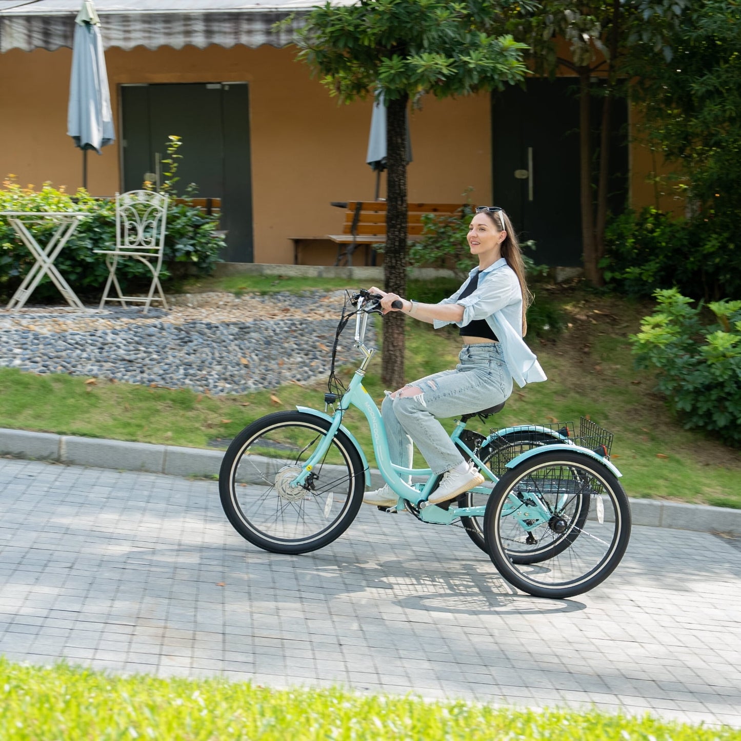 Lilypelle Electric Tricycle for Adults, 350W 36V Electric Trike Motorized Three Wheel Electric Bicycle, 7 Speeds 3 Wheels Adult Electric Tricycle with Large Basket,Cyan