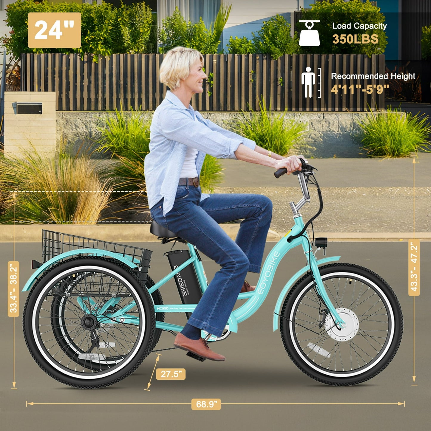 MOONCOOL MC350 Electric Tricycle for Adults, 350W Motorized Electric trike with 36V 10.4Ah Removable lithium battery,24"/26" 7 Speeds 3 Wheels Electric Bikes