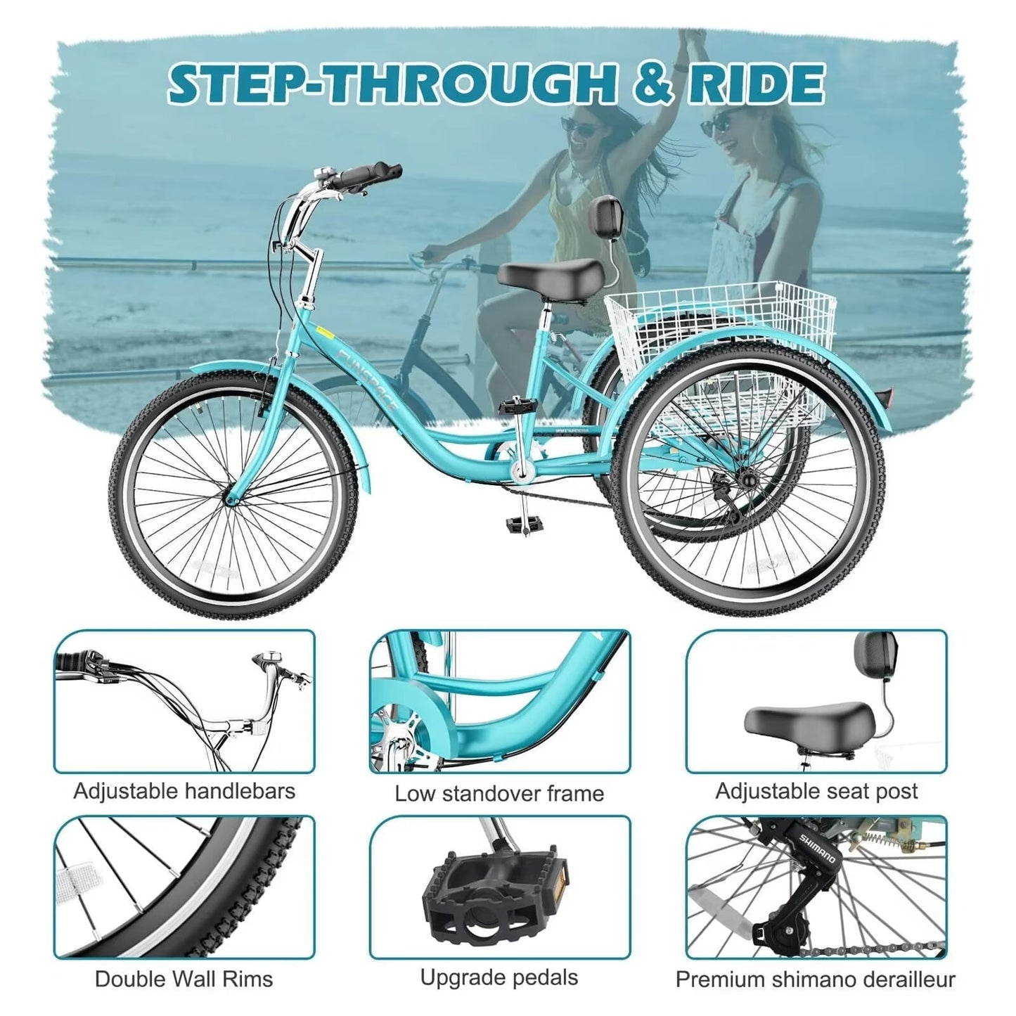 Lilypelle Retro Adult Tricycles 7-Speed 26 Inch Three Wheel Bike Cruiser Trike with Low-Step Through Frame/Large Basket for Men, Women, Seniors