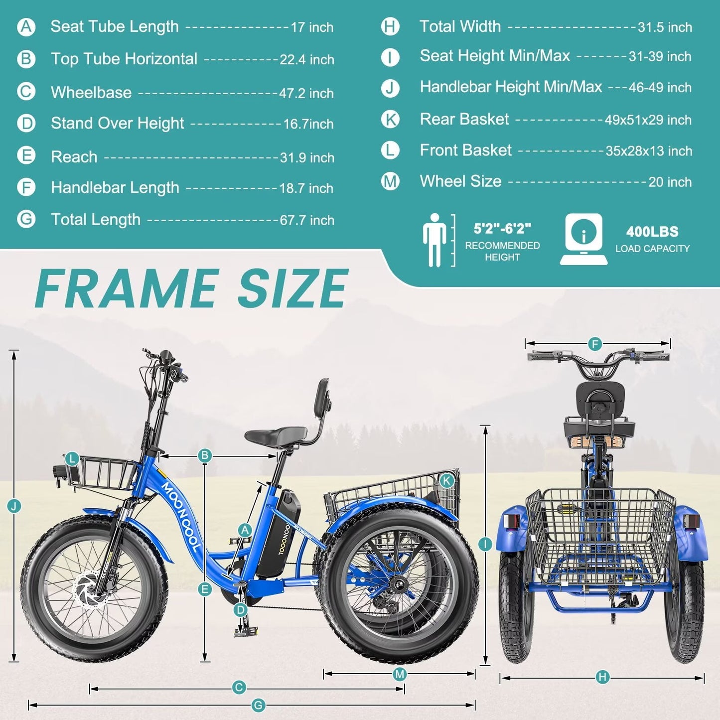 Lilypelle 7-Speed Electric Tricycle with 20" x 4" Fat Tires for Adults,500W 48V 14.5Ah Lithium Battery ,3 Wheels Electric bike with Front & Rear Basket for Men, Women，Senior