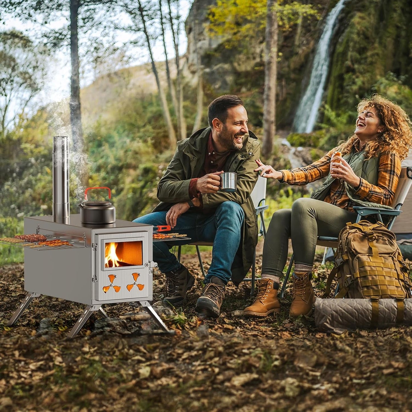 Lilypelle Portable Wood Stove Camping Hot Tent BBQ Stove with 7 Chimney Pipe for Tents, Travel, Camping, Cooking, Ice Fishing, Hunting, Boiling Water - Large（18" x 9.8" x 10.6"）