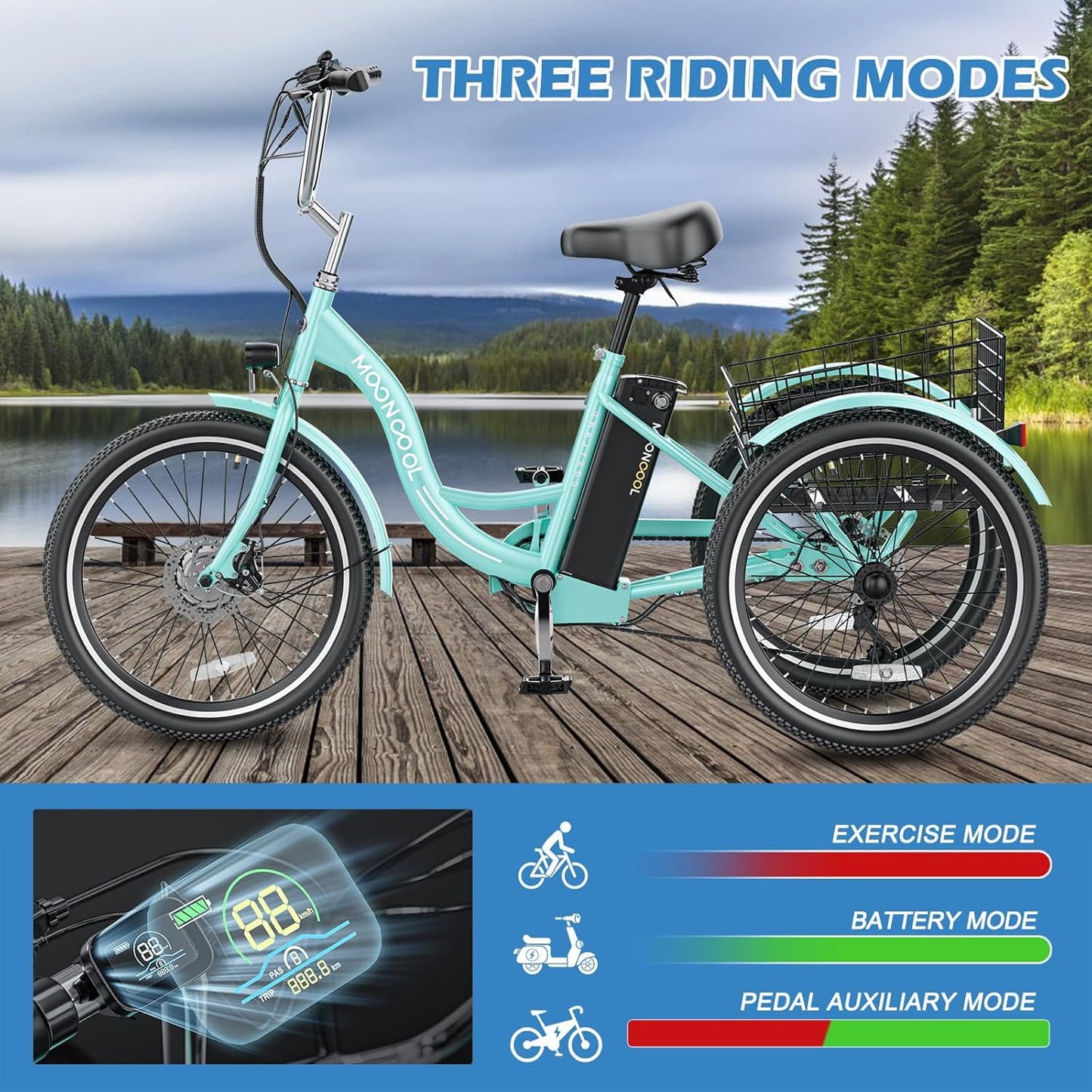 Lilypelle Electric Tricycle for Adults, 350W Electric Trike 7 Speed with 36V removable Battery, 3 Wheel Electric Bikes for Women Men Seniors, 450lb, 24/26 inch Tire