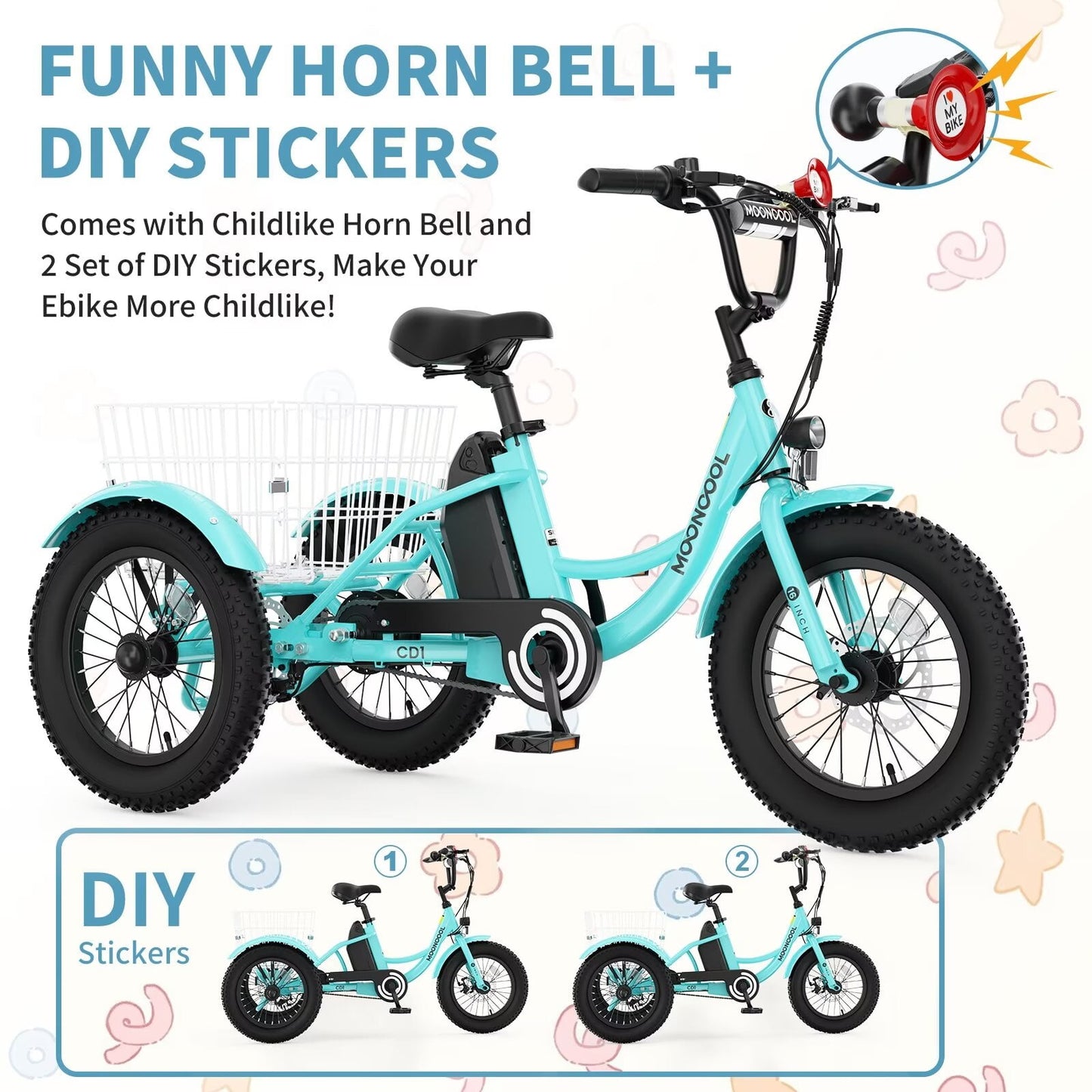 Lilypelle Electric tricycle for Kids , 6/9/12Mph three wheel electric bike w/ 250W motor， 24V 10.4Ah Battery, Headlights & Horn, Large Rear Basket ,2 sets of DIY stickers,16"x3" Wheel,30Miles