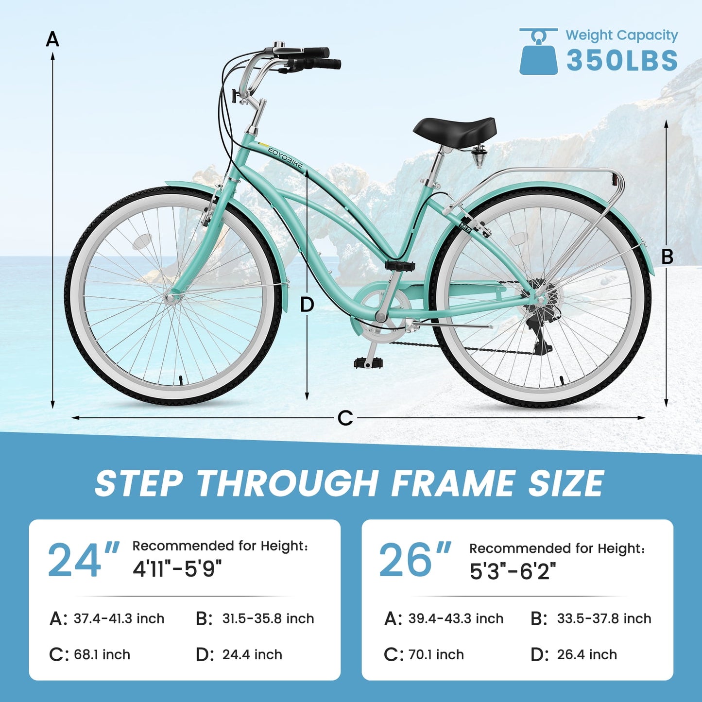 Lilypelle Adults Beach Cruiser Bicycle, 24" Wheel 7 Speed Bike , Step Through Bikes for Commuting, Unisex