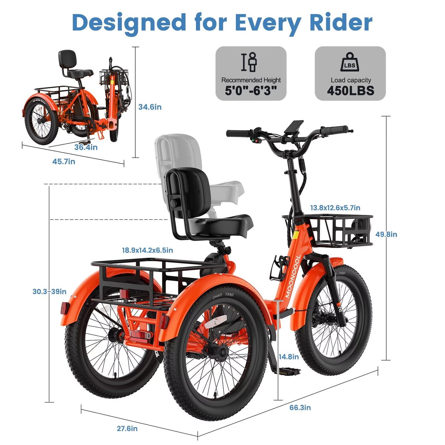 MOONCOOL TK2 Adult Electric Tricycle with Reverse, 48V 15Ah Removable Battery, Peak 1000W Motor, 20x3.0" Fat Tire, 60-Mile Range, 15.5 MPH