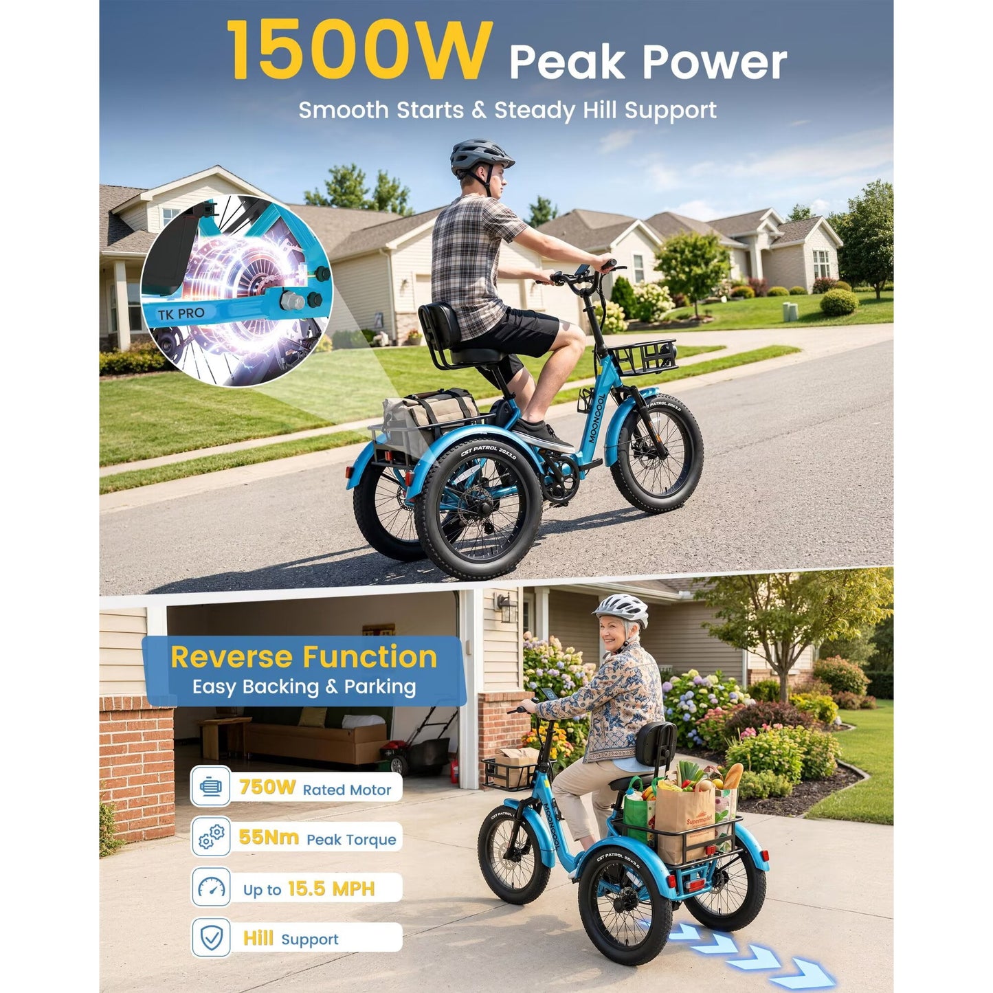 MOONCOOL TK2 PRO Adult Folding E-Trike with Reverse, 6-Speed, 48V 20Ah Battery, 1500W Peak, 20" Fat Tire, Torque & Cadence Sensor, 70 Mile, 16 MPH, Supports 5A Fast Charging