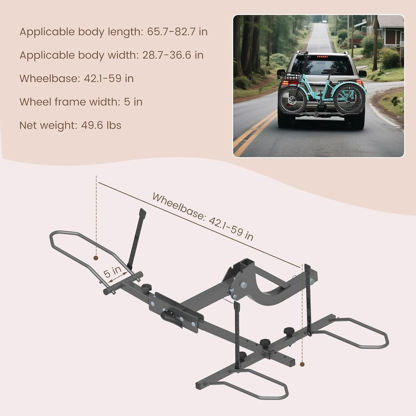 MOONCOOL Folding Hitch Trike Rack, 170 lbs Capacity, Fits Up to 5" Fat Tires and 42"-59" Wheelbase, Rear Bike Carrier for Adult Tricycles, 2" Receiver Mount for Cars, SUVs, Vans, RVs, Black