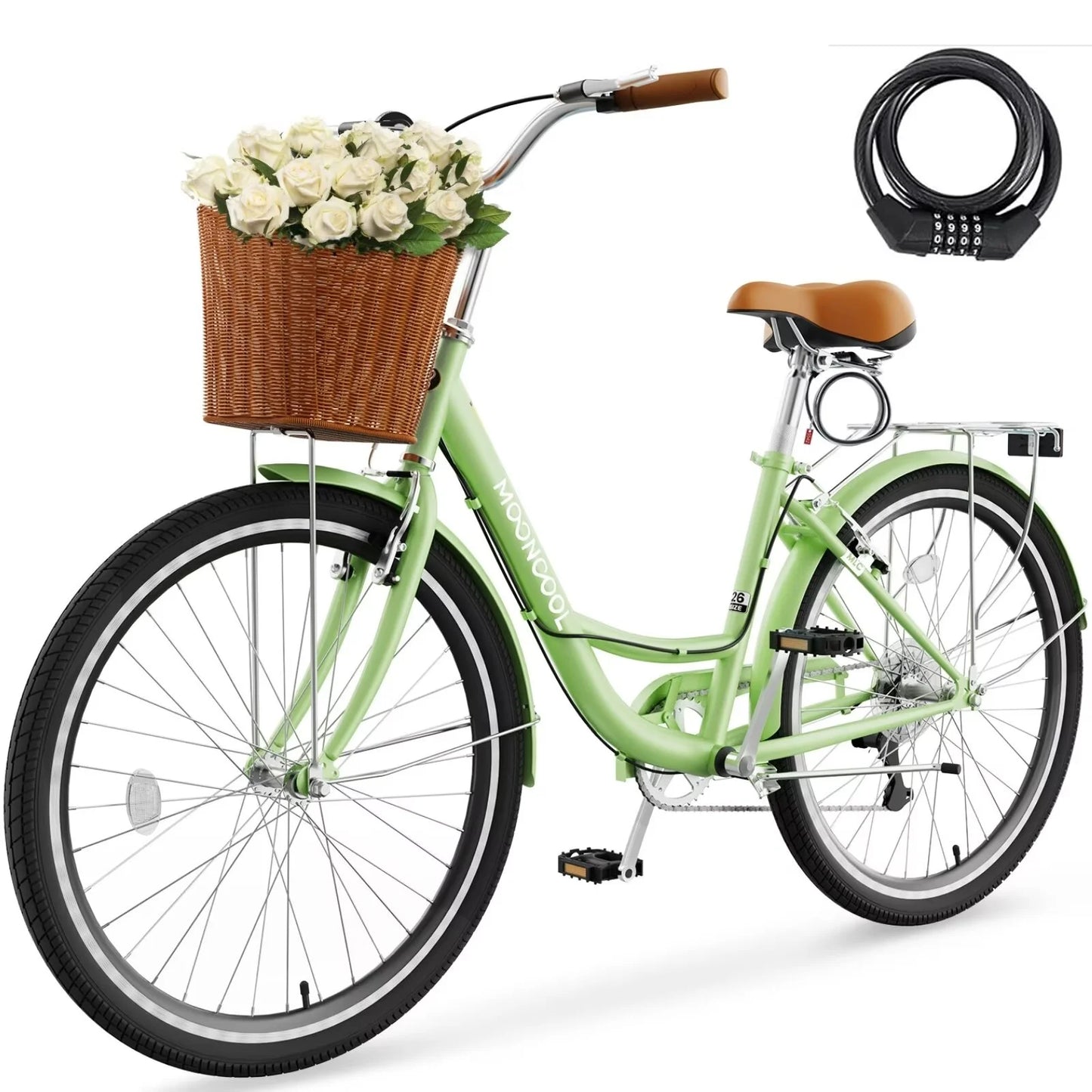 Lilypelle Womens Bike, 7 Speed Bike for Adults Women 24 26 inch with Ratten Basket & Rack, Beach Cruiser Bike for Women, Womens Bicycle for Commuting, Step Through City Bikes for Women Adults Ladies
