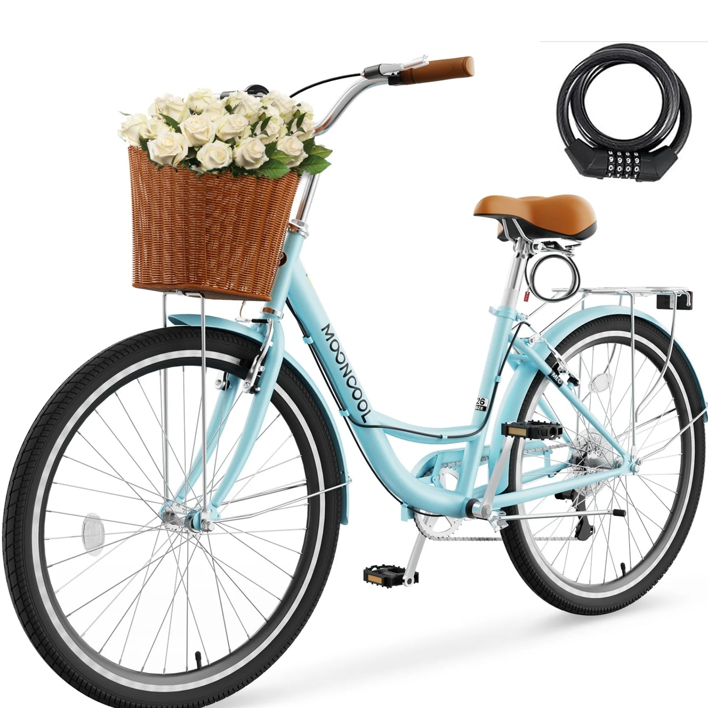 Lilypelle Womens Bike, 7 Speed Bike for Adults Women 24 26 inch with Ratten Basket & Rack, Beach Cruiser Bike for Women, Womens Bicycle for Commuting, Step Through City Bikes for Women Adults Ladies