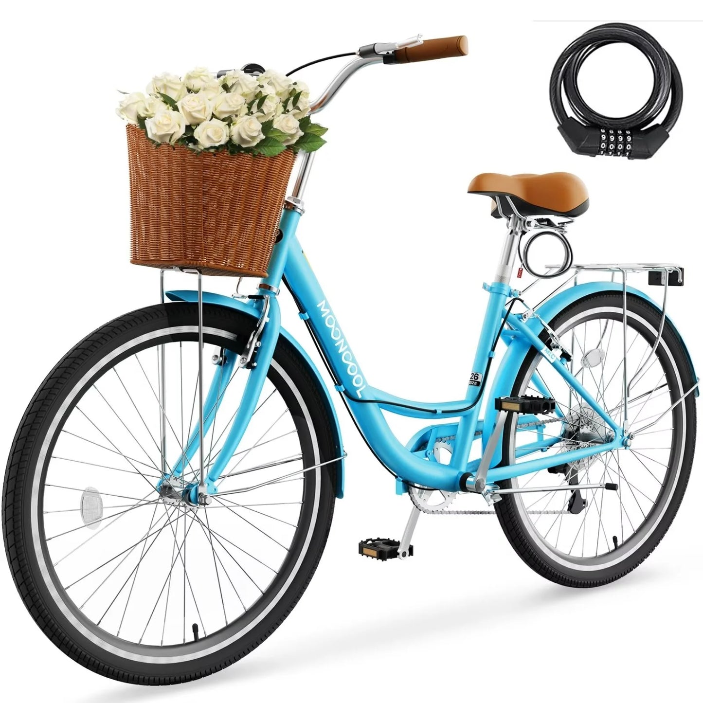 Lilypelle Womens Bike, 7 Speed Bike for Adults Women 24 26 inch with Ratten Basket & Rack, Beach Cruiser Bike for Women, Womens Bicycle for Commuting, Step Through City Bikes for Women Adults Ladies